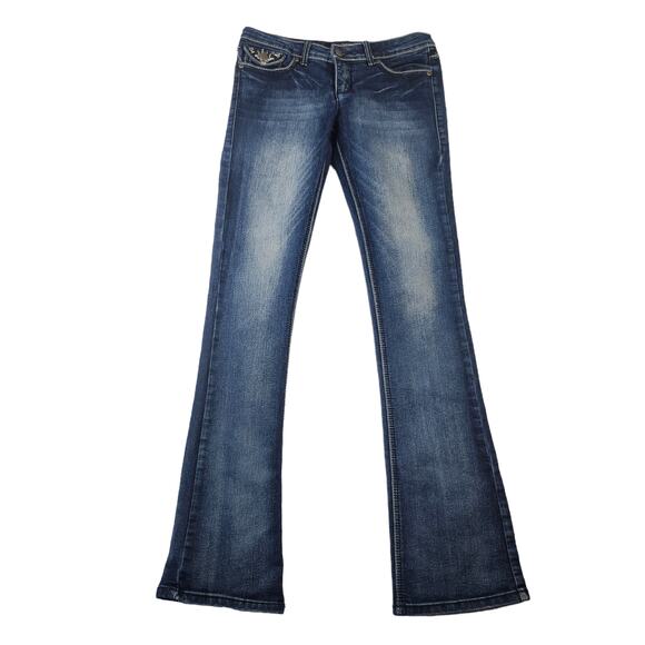 Bling Bootcut Jeans 5/6 28 Abrasion Faded Y2k Embroidered Sequins Low Rise - Picture 2 of 12